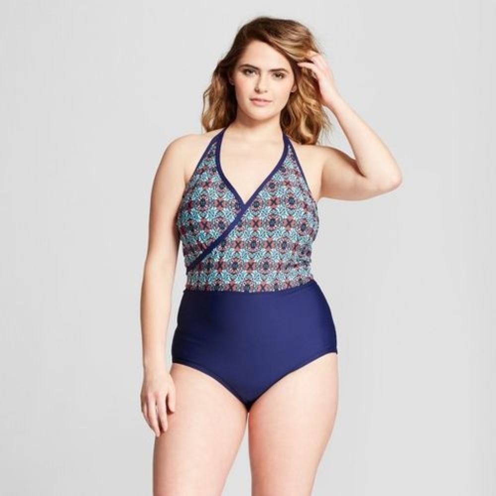 Sea Angel Tile Block Halter One Piece Swimsuit 1X
